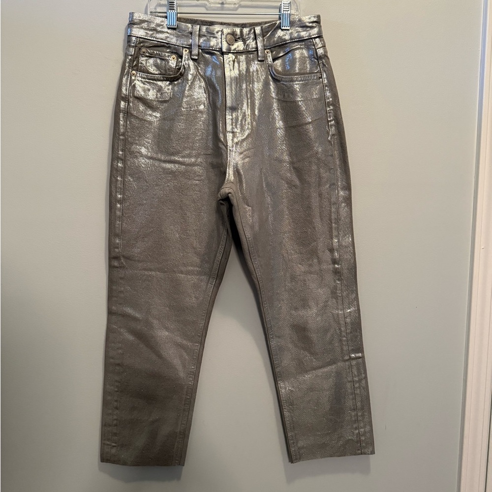 Zara Women’s Metallic Shiny Silver Straight Cropped Festival Jeans Size 4